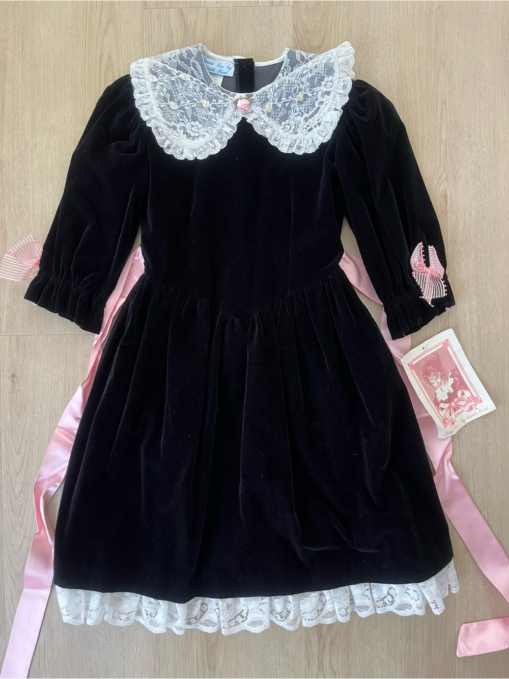 NWT Vintage Sarah Too by Sarah Kent Black Dress White Lace Pink Ribbon Size 12
